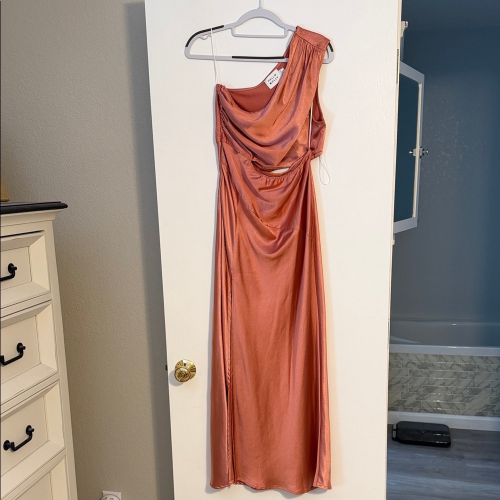Hello Molly One-Shoulder Satin Dress in Rust